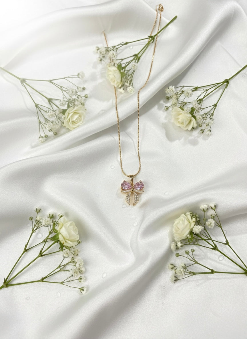 Pink Crystal Bow Pendant Necklace