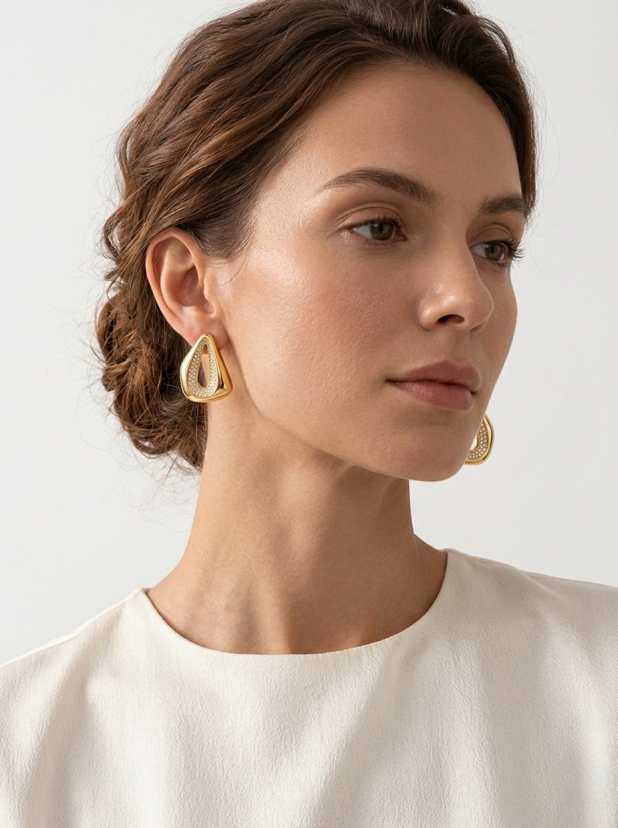 Elegant Gold Teardrop Crystal Stud Earrings