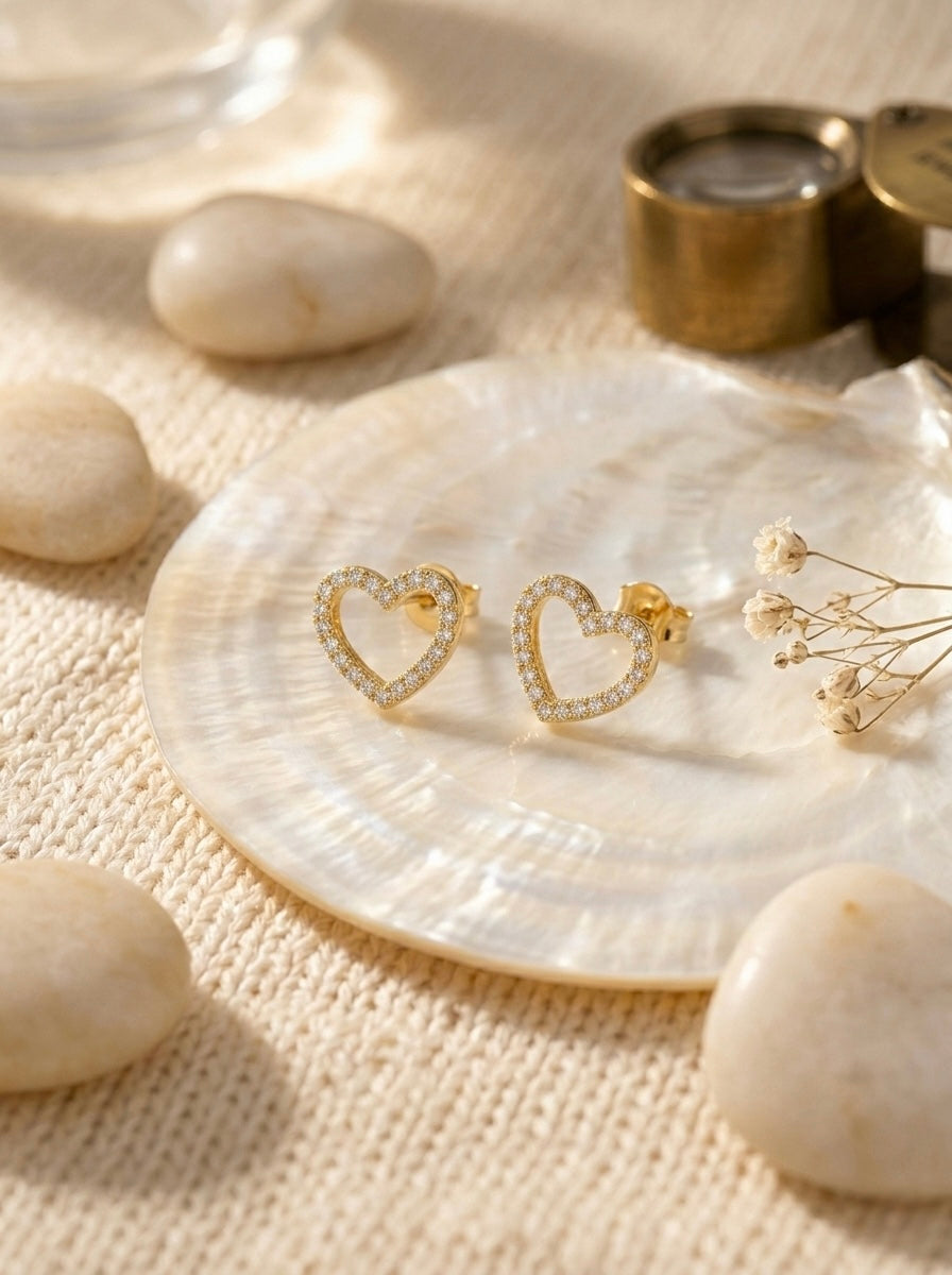 Elegant Gold Heart Crystal Stud Earrings