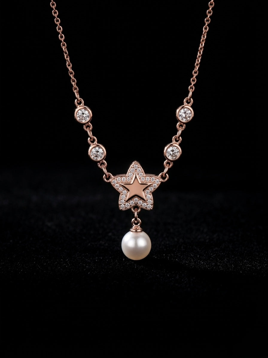 Dainty rose gold star pearl necklace