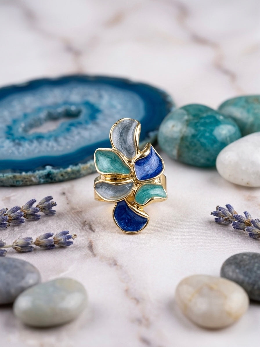 Artistic gold multi-colored enamel leaf ring.