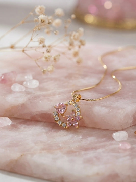 Exquisite Floral & Heart Gold-Tone Pendant Necklace