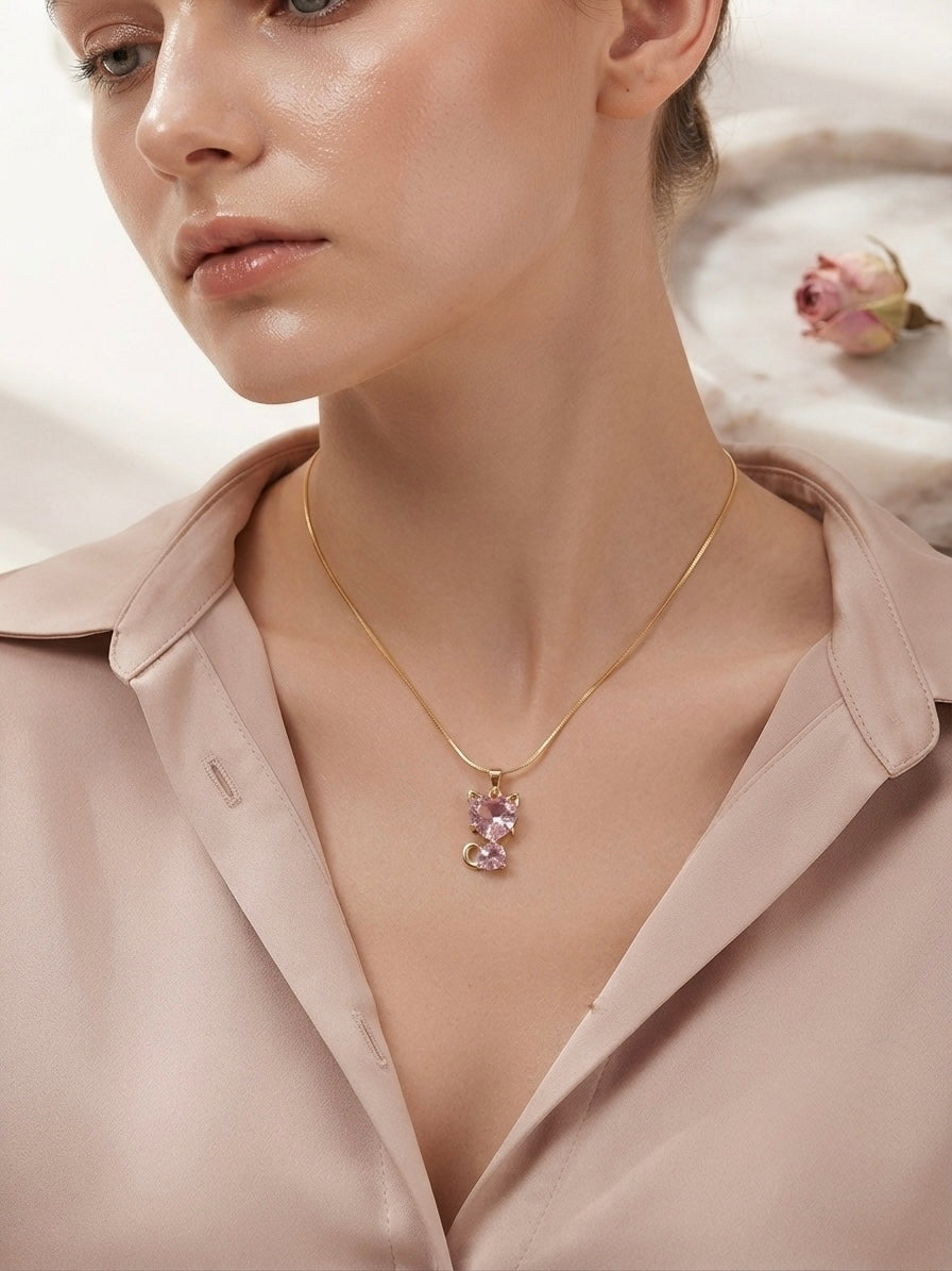 Delicate Pink Gemstone Cat Pendant