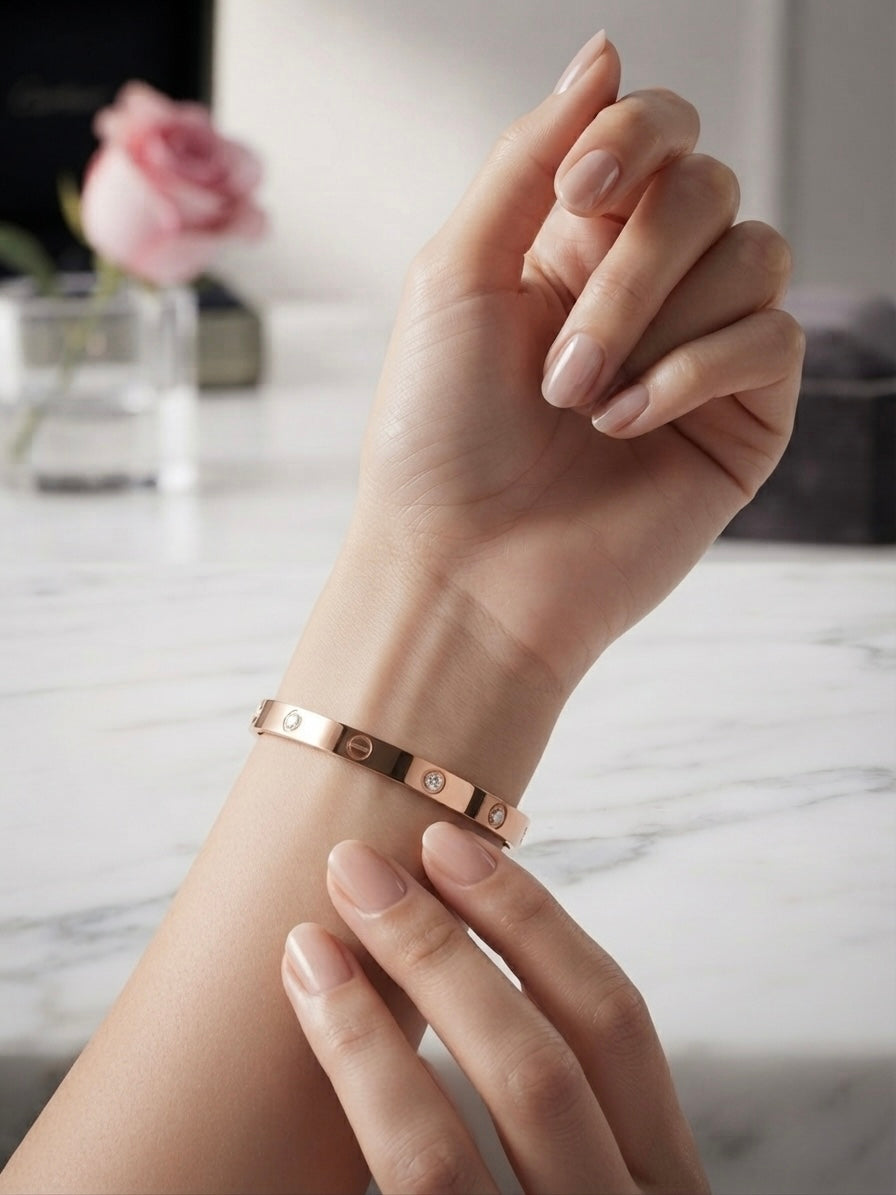 Elegant anti-tarnish screw-motif rose cuff bracelet.