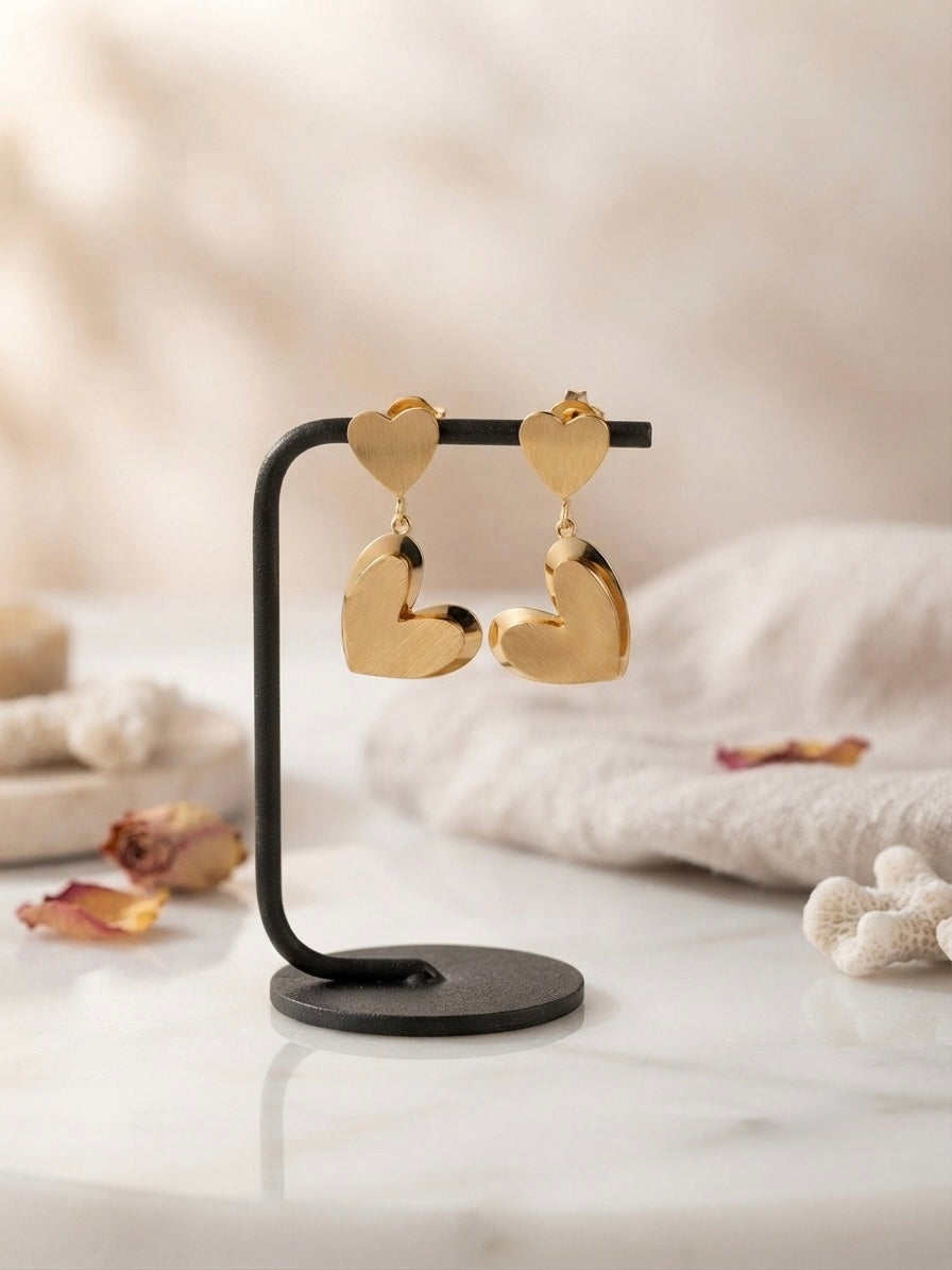 Romantic layered heart dangle gold earrings.
