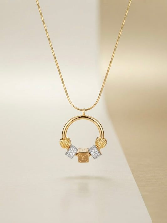 Modern gold charm ring pendant necklace.
