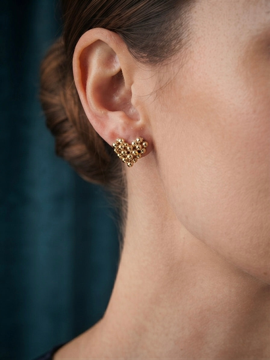 Textured gold beaded heart necklace and studs.