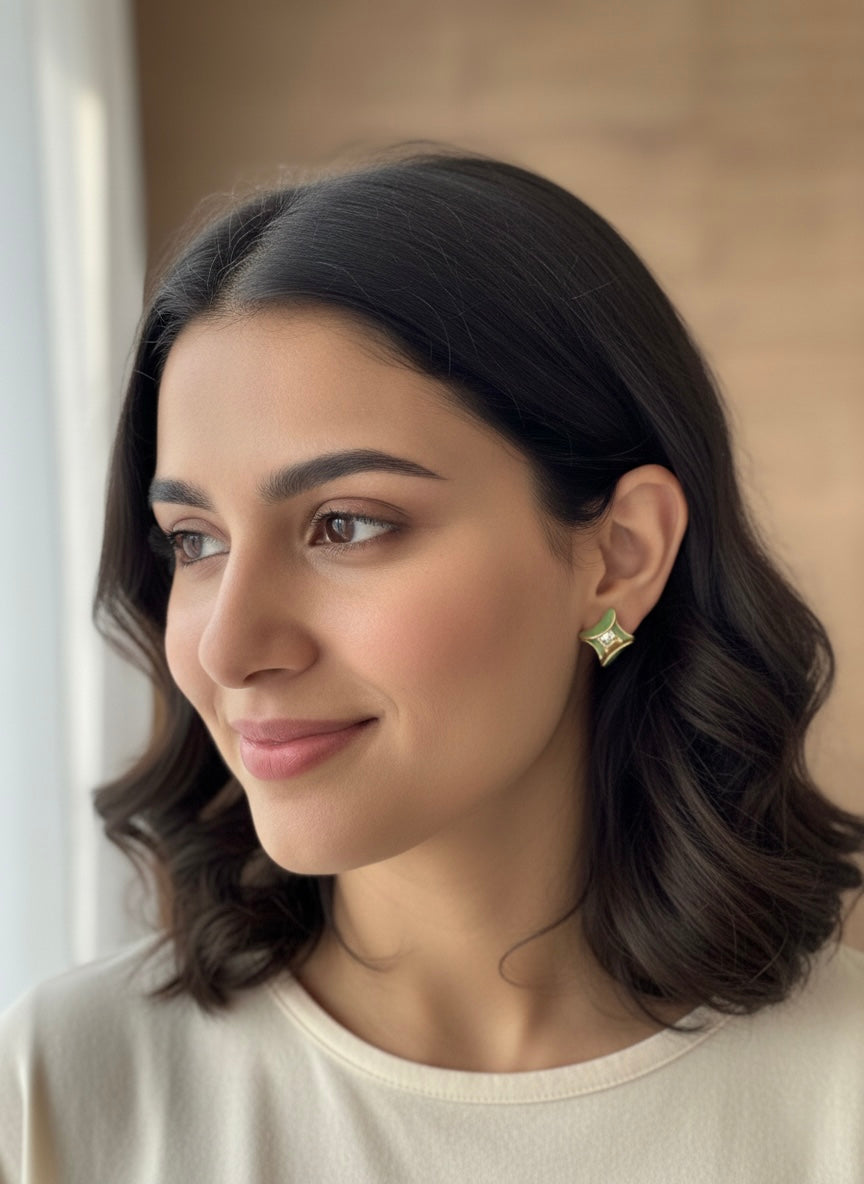 Elegant olive enamel diamond stud earrings