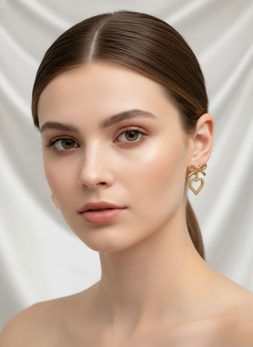 Gold bow heart drop earrings