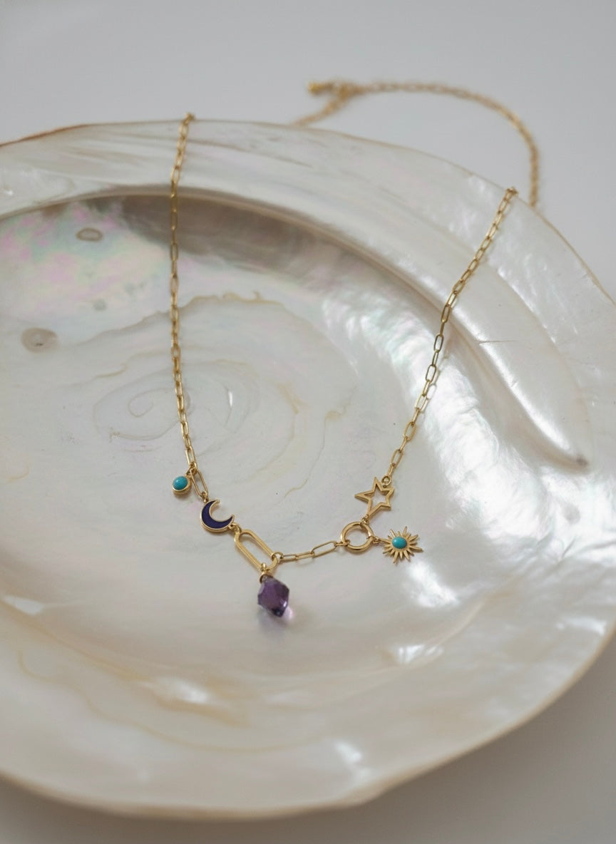 Celestial charm necklace with gemstone