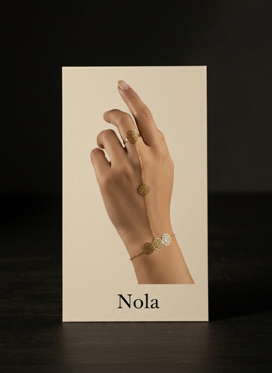Gold filigree with adjustable ring hand bracelet