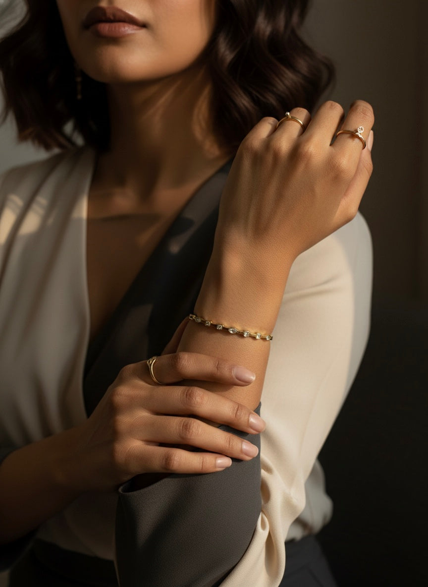 Minimal gold bangle, subtle sparkle