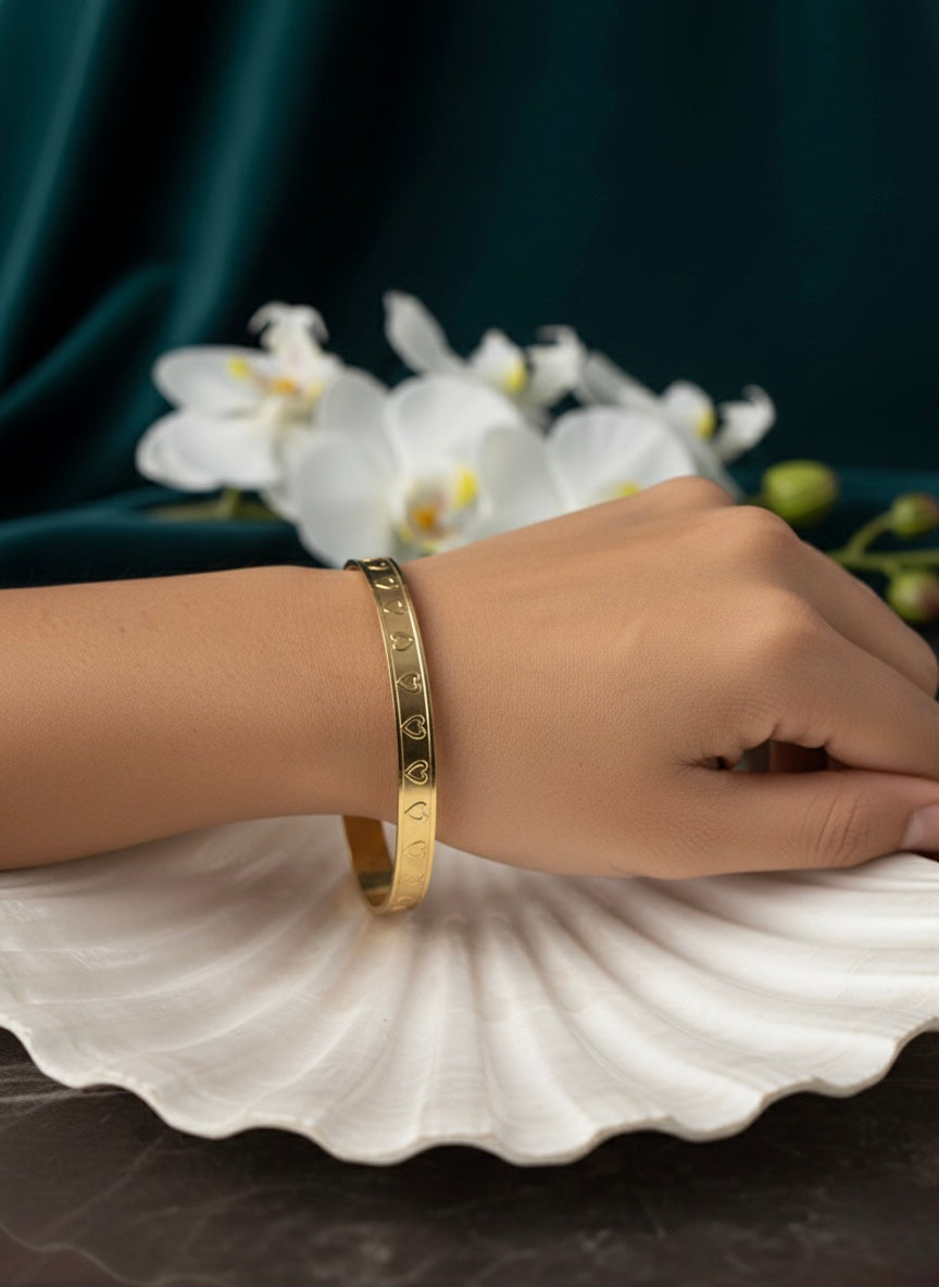 Minimal Heart Engraved Gold Bangle