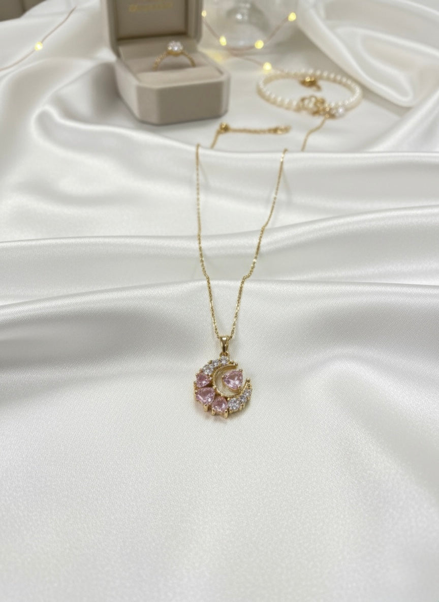 Pink crescent moon charm necklace