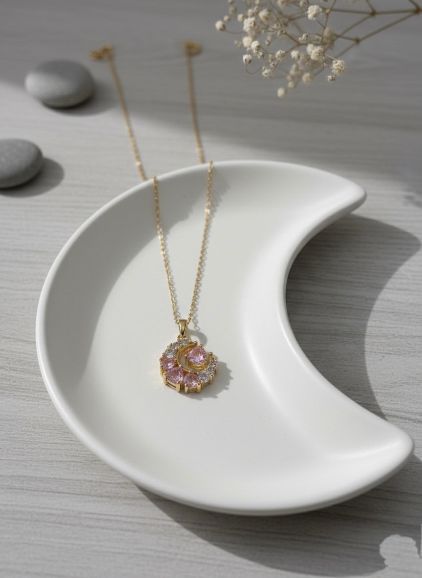 Pink crescent moon charm necklace