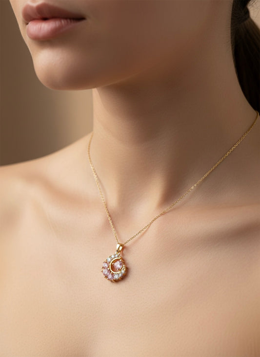 Pink crescent moon charm necklace