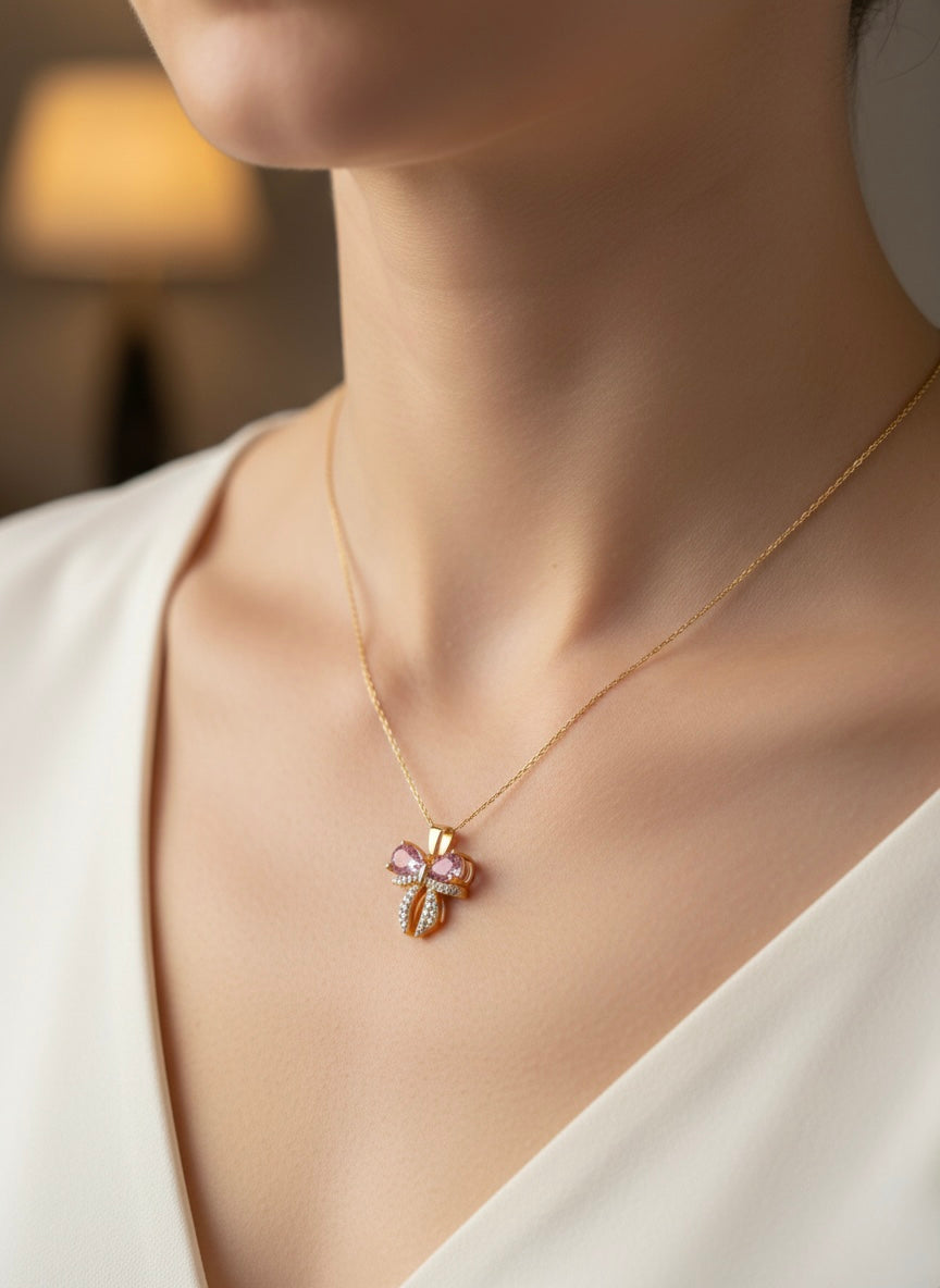 Pink Crystal Bow Pendant Necklace