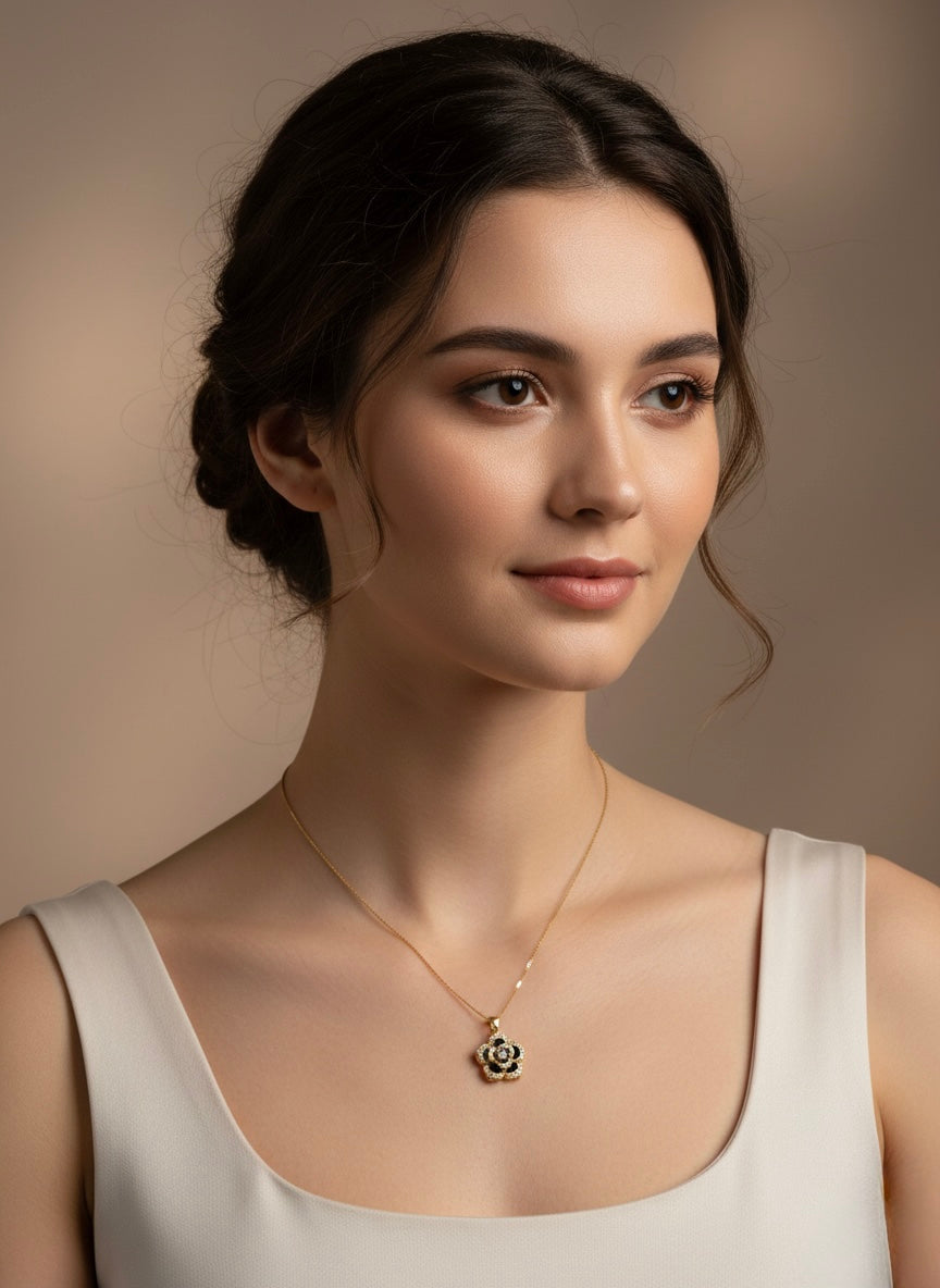 Floral black enamel diamond pendant