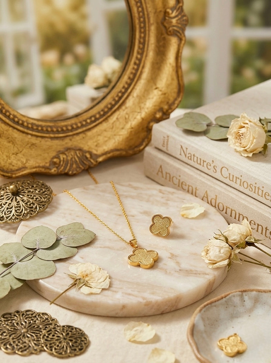 Golden clover pendant earrings set