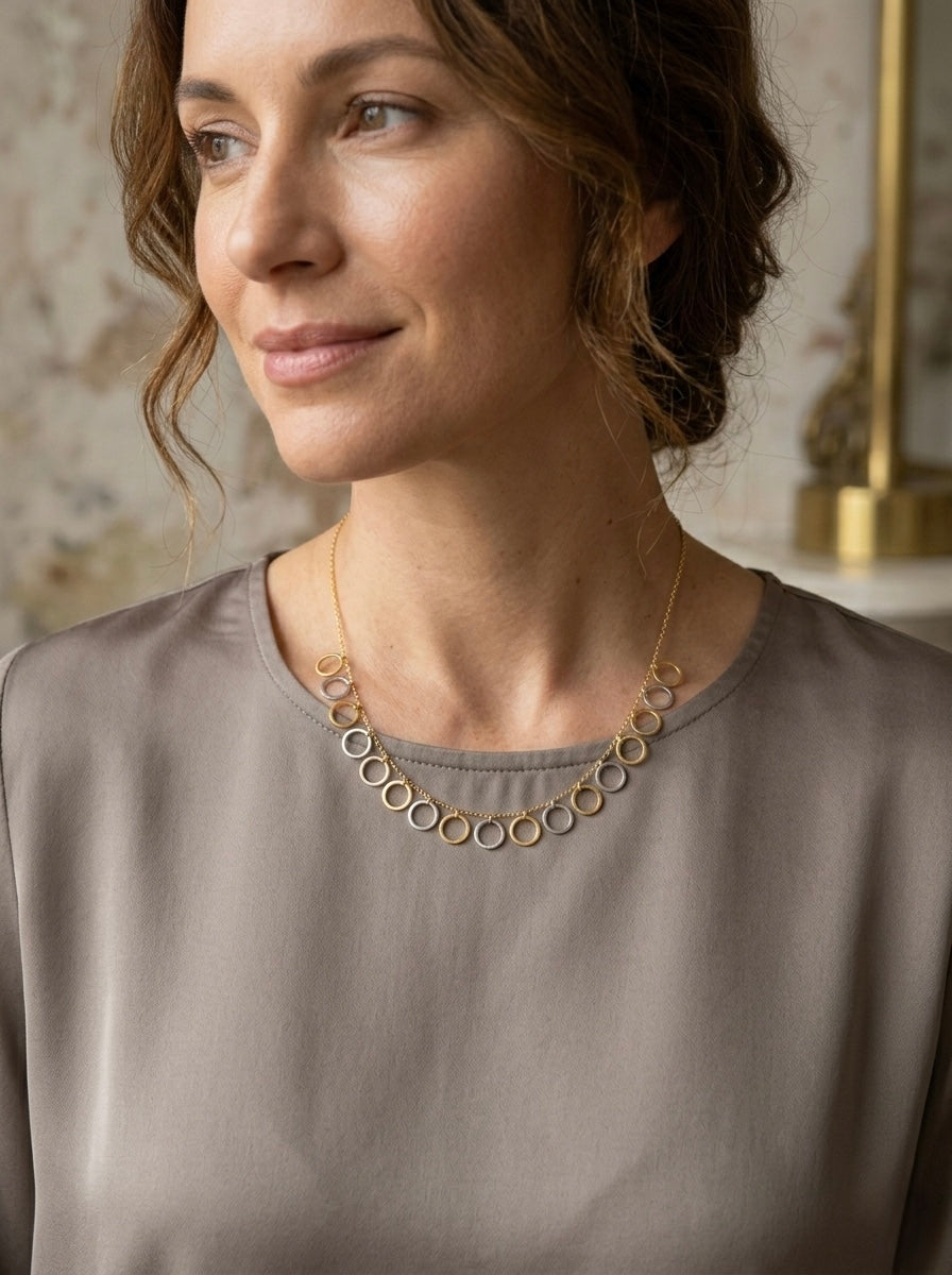 Elegant Dual Tone Circle Charm Necklace