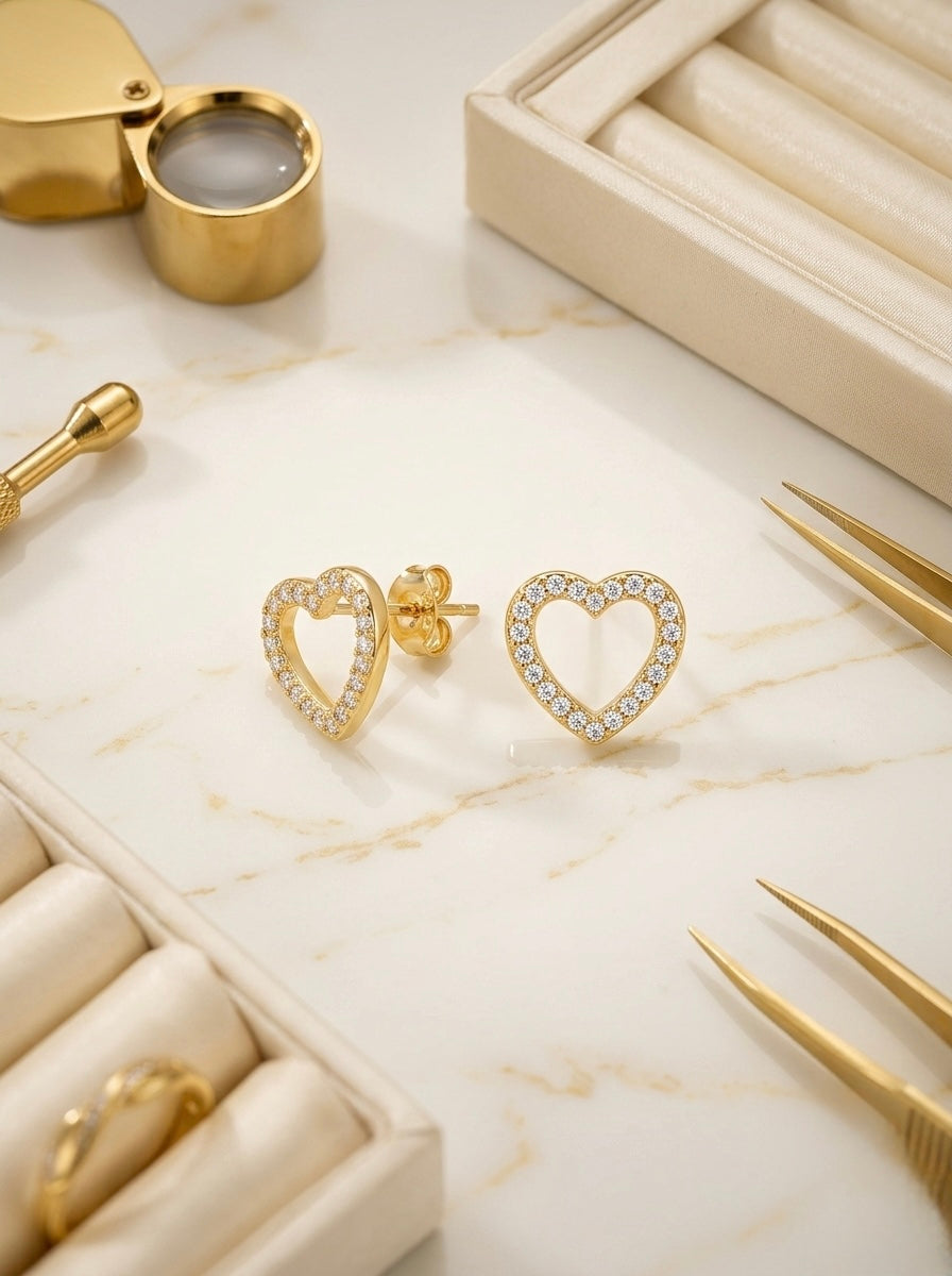 Elegant Gold Heart Crystal Stud Earrings