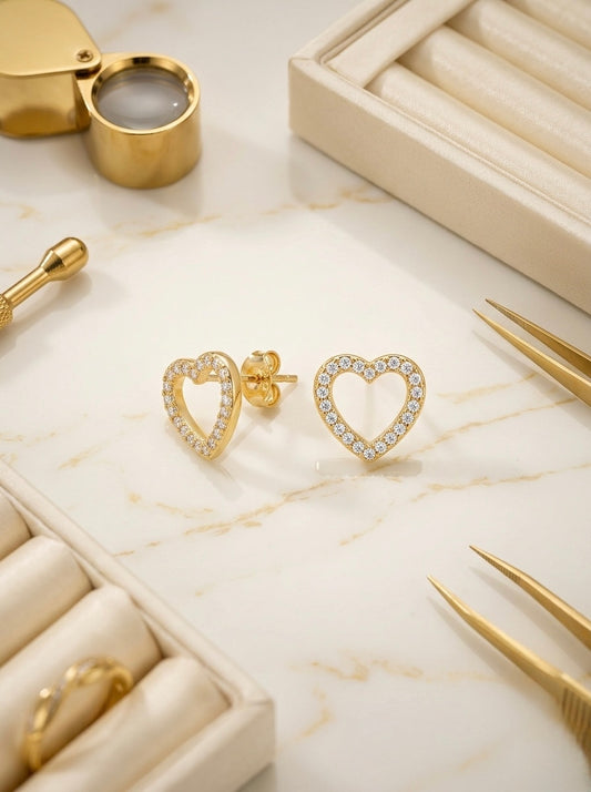 Elegant Gold Heart Crystal Stud Earrings