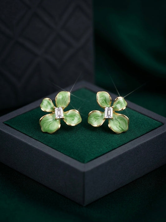 Elegant enamel solitaire green earrings