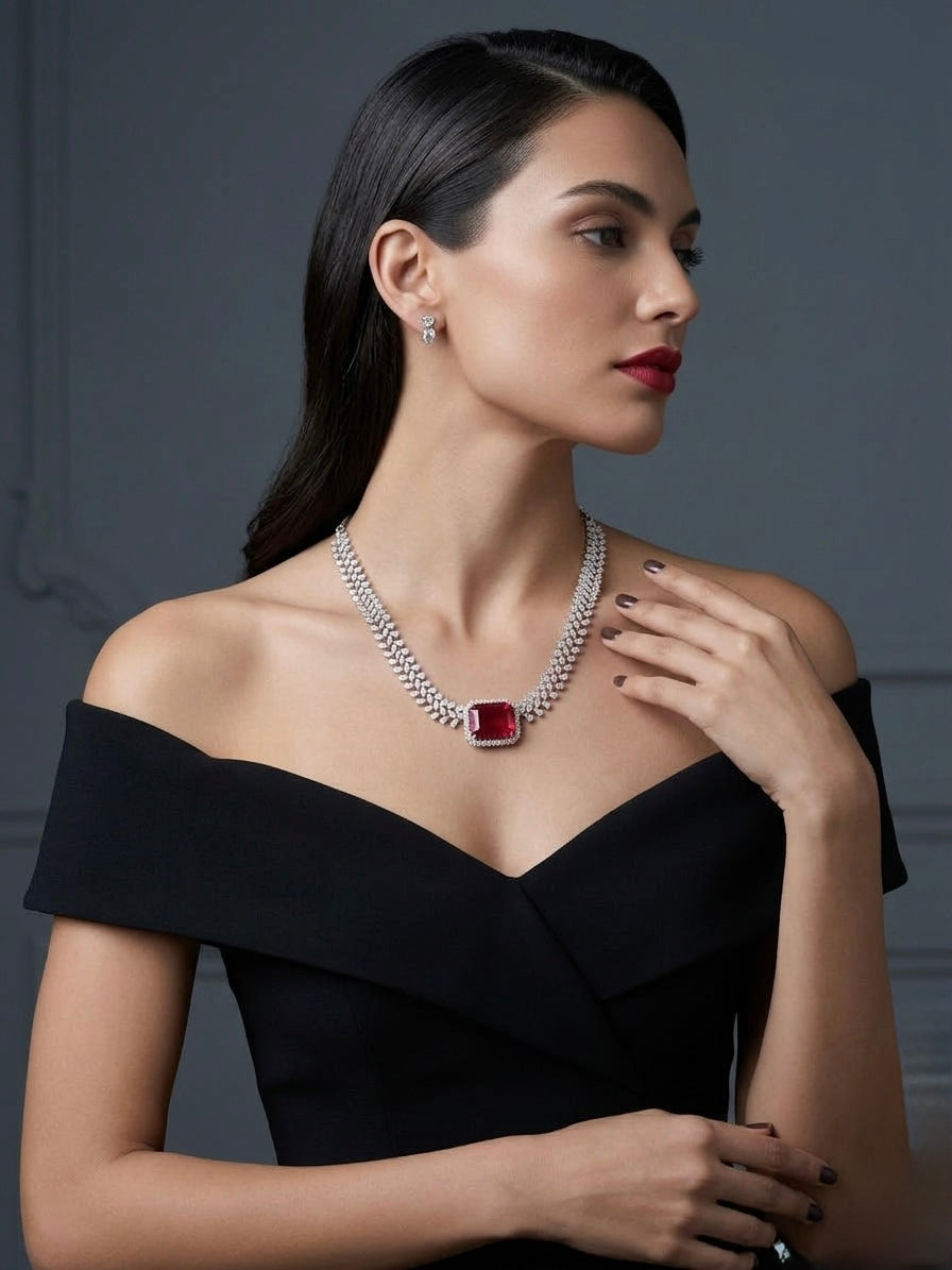 Elegant ruby centerpiece diamond necklace