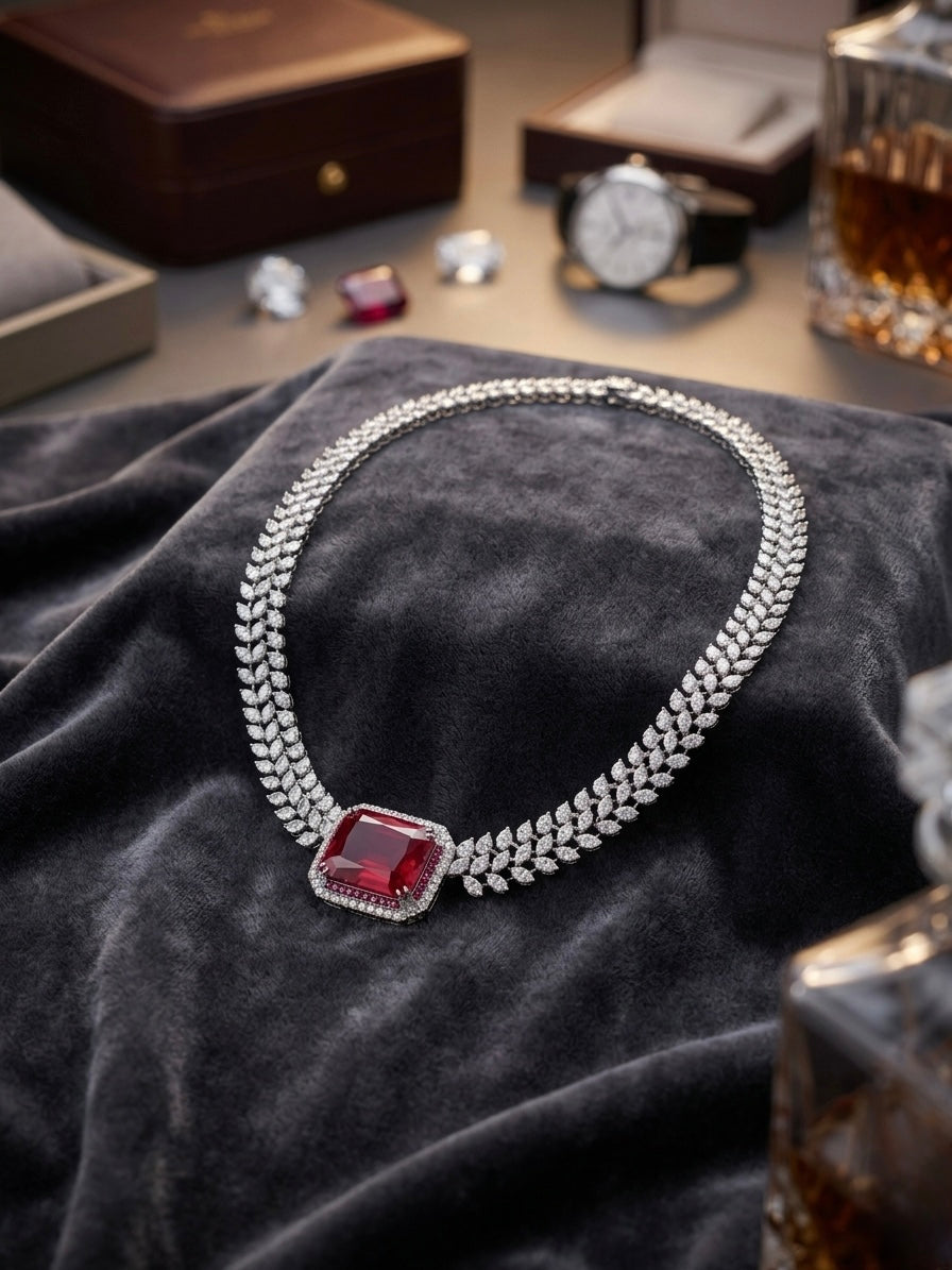 Elegant ruby centerpiece diamond necklace
