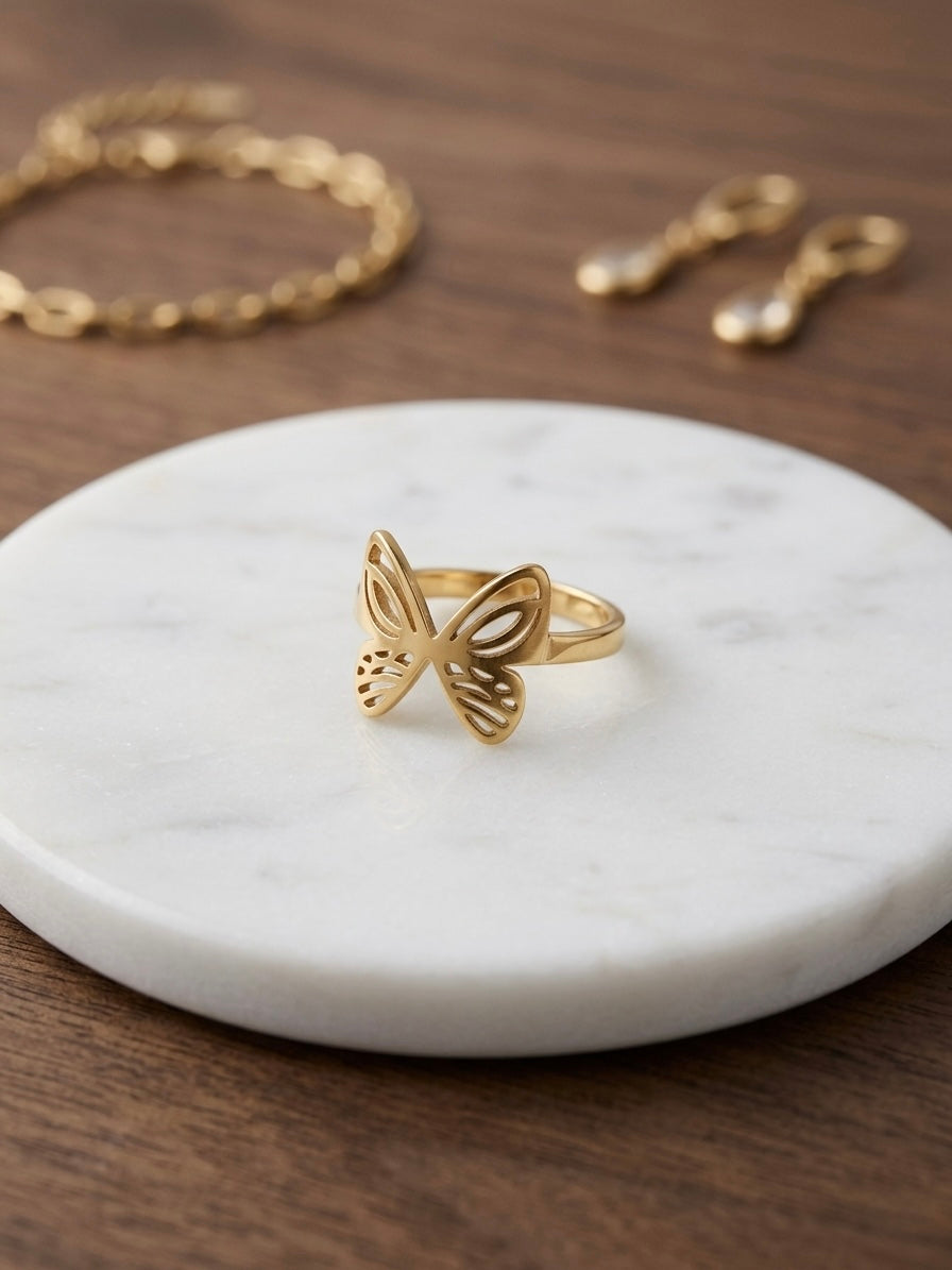 Minimal butterfly charm gold ring