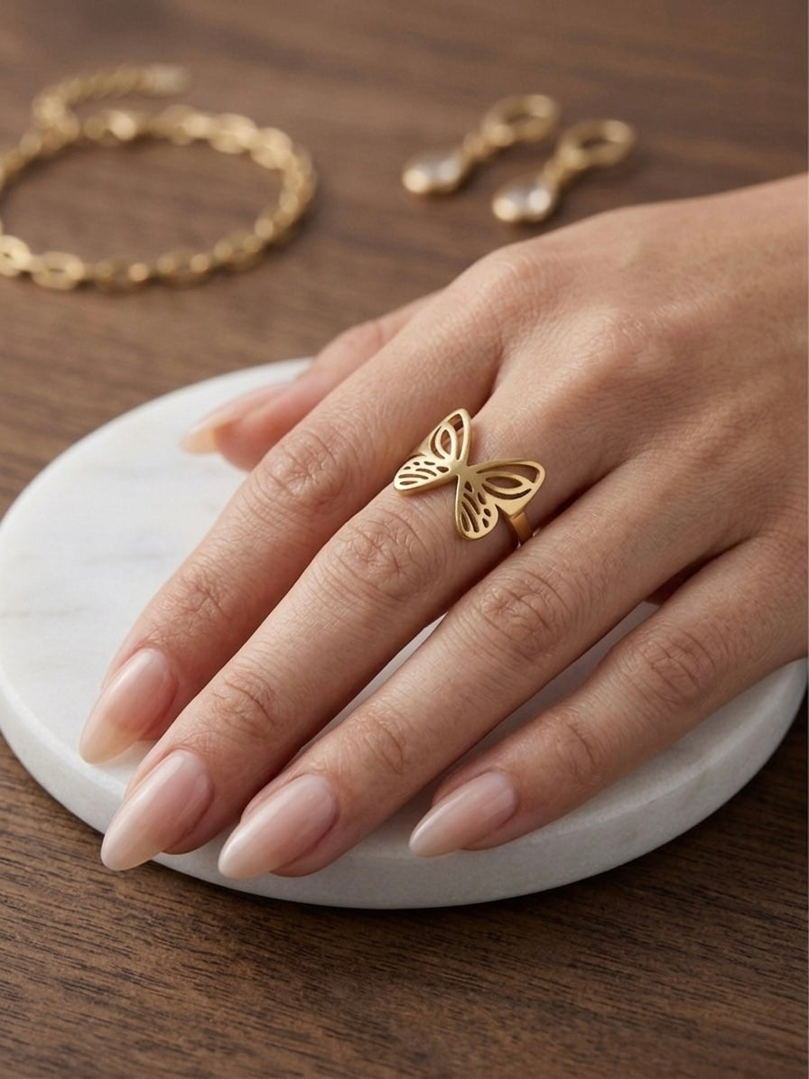 Minimal butterfly charm gold ring
