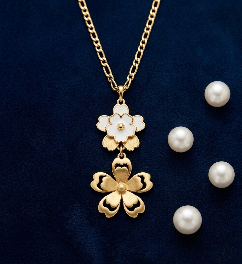 Gold double floral pendant necklace design
