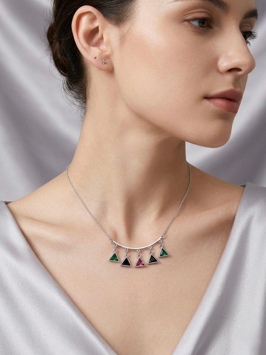 Silver marquise gemstone fringe necklace