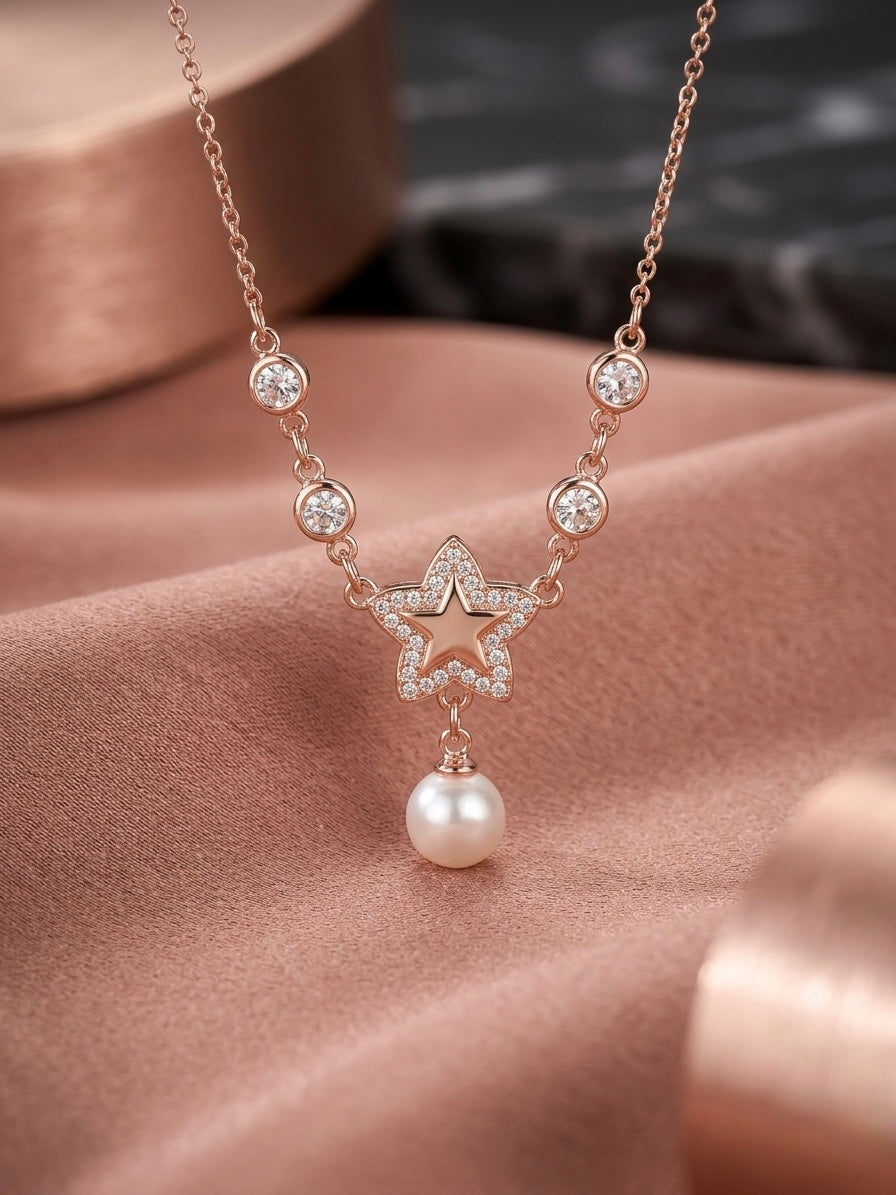 Dainty rose gold star pearl necklace
