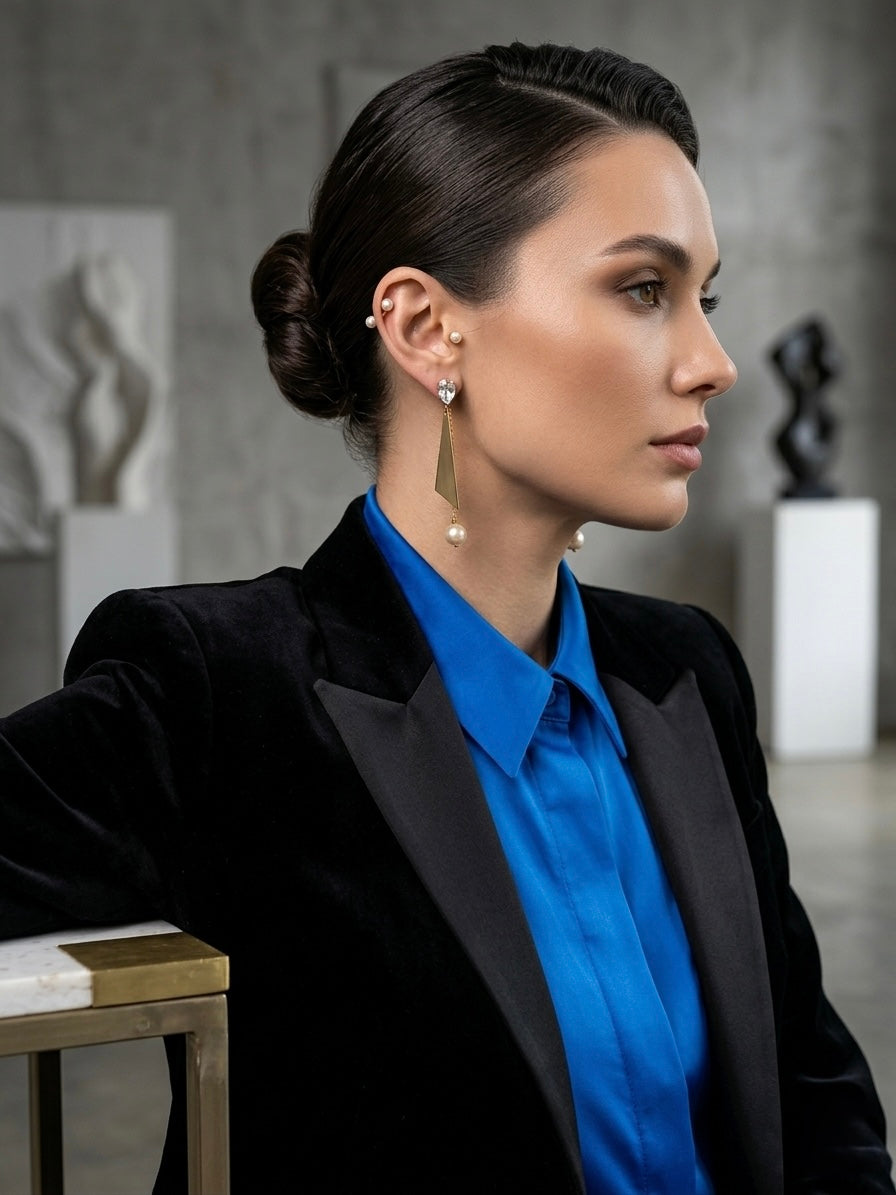 Contemporary gold geometric crystal pearl earrings.