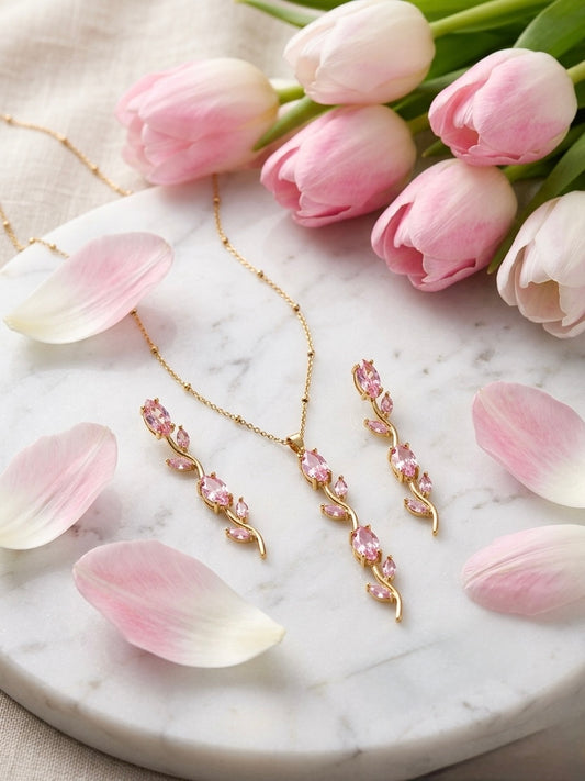 Romantic pink crystal floral jewelry set.