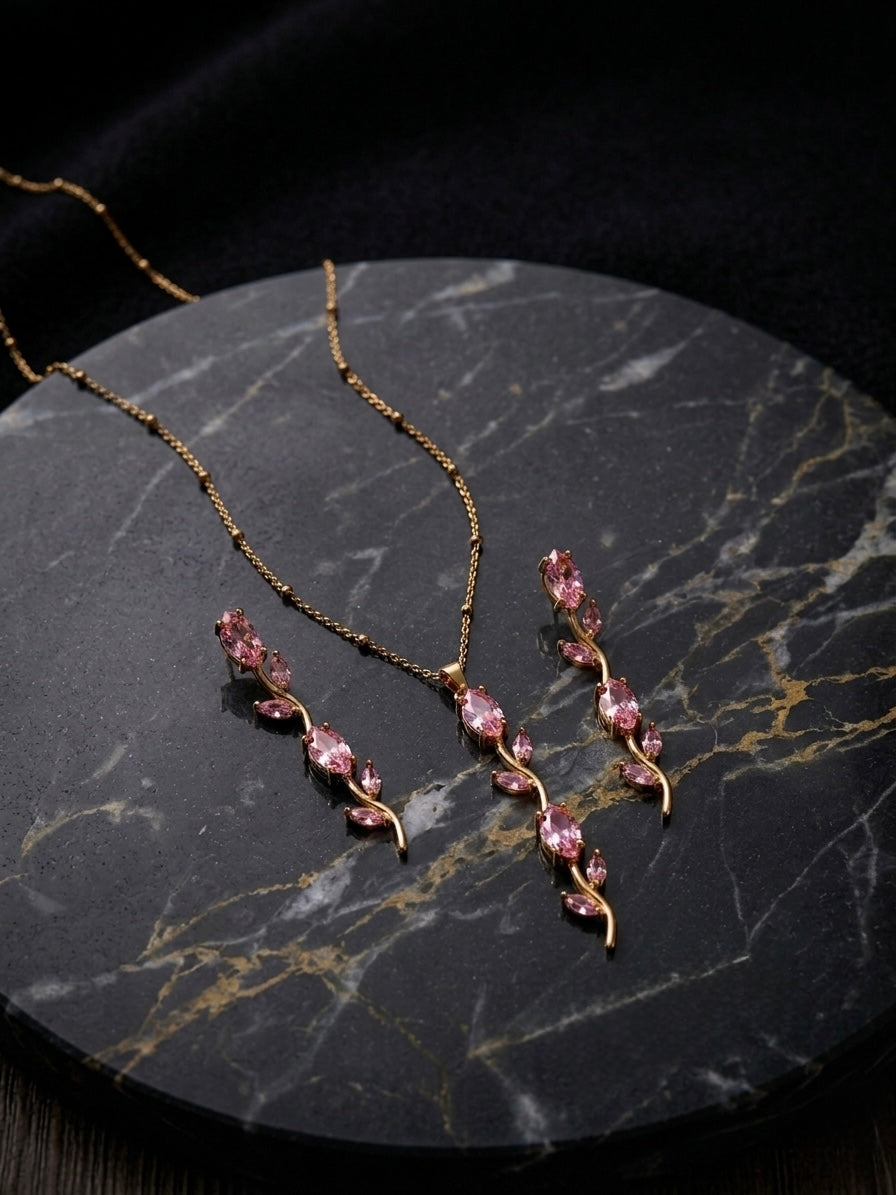 Romantic pink crystal floral jewelry set.