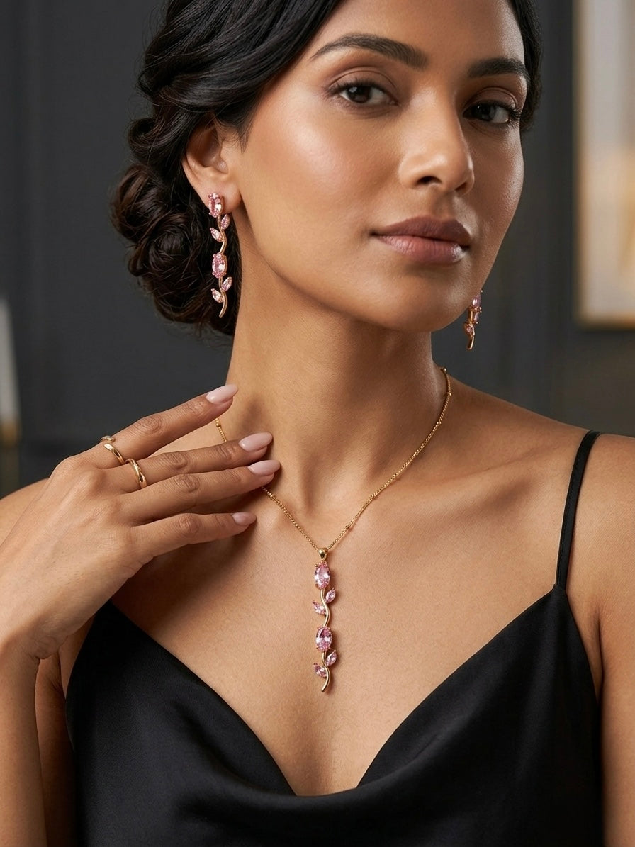Romantic pink crystal floral jewelry set.