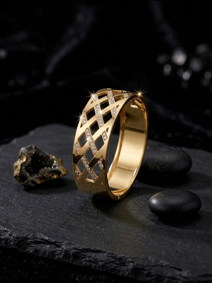 Luxurious cutout geometric gold diamond cuff.