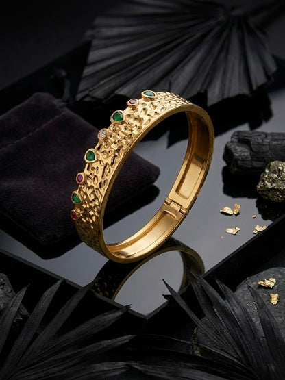 Artisan textured gold colorful gemstone cuff.