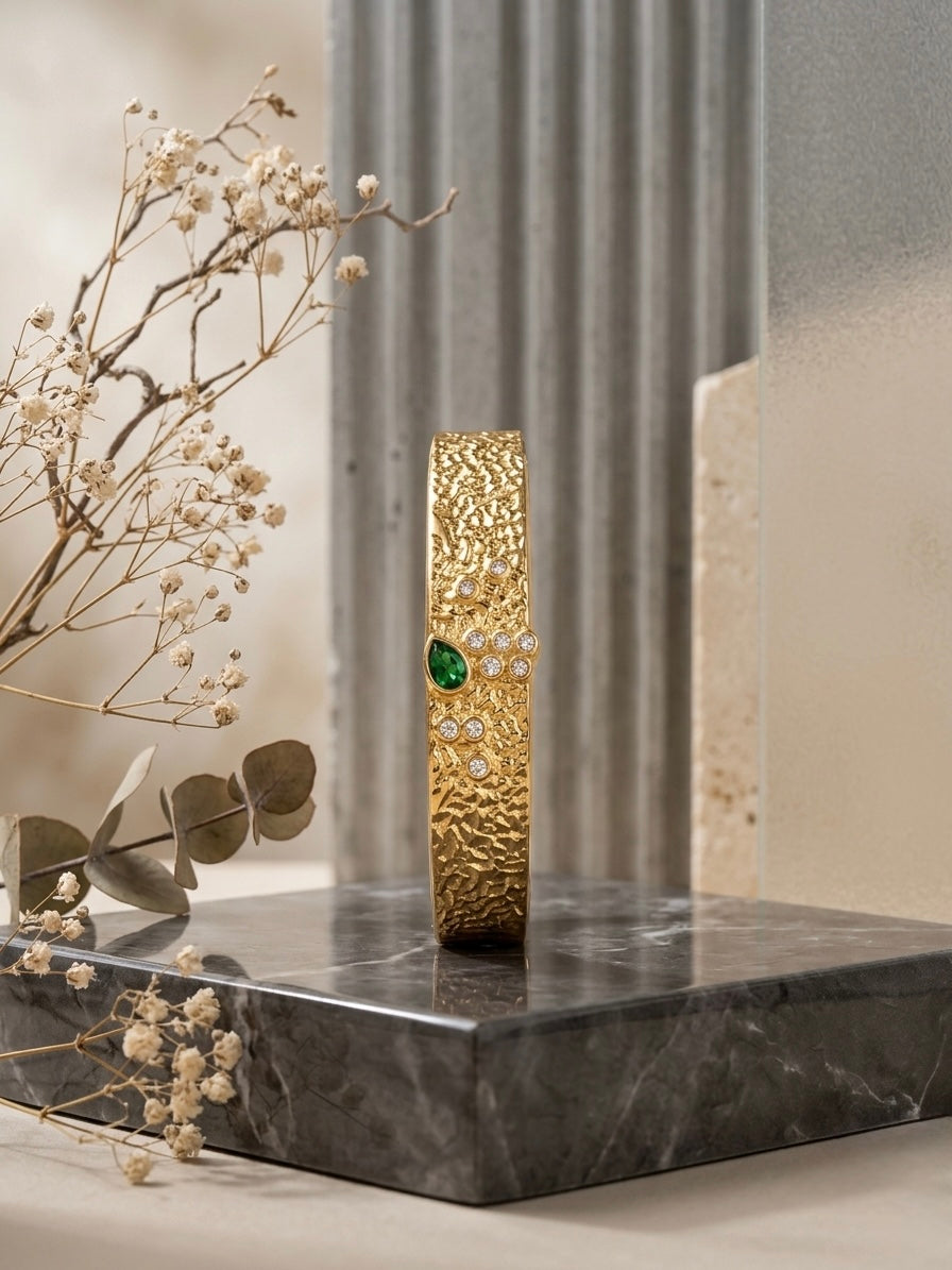 Textured gold emerald crystal organic bangle.