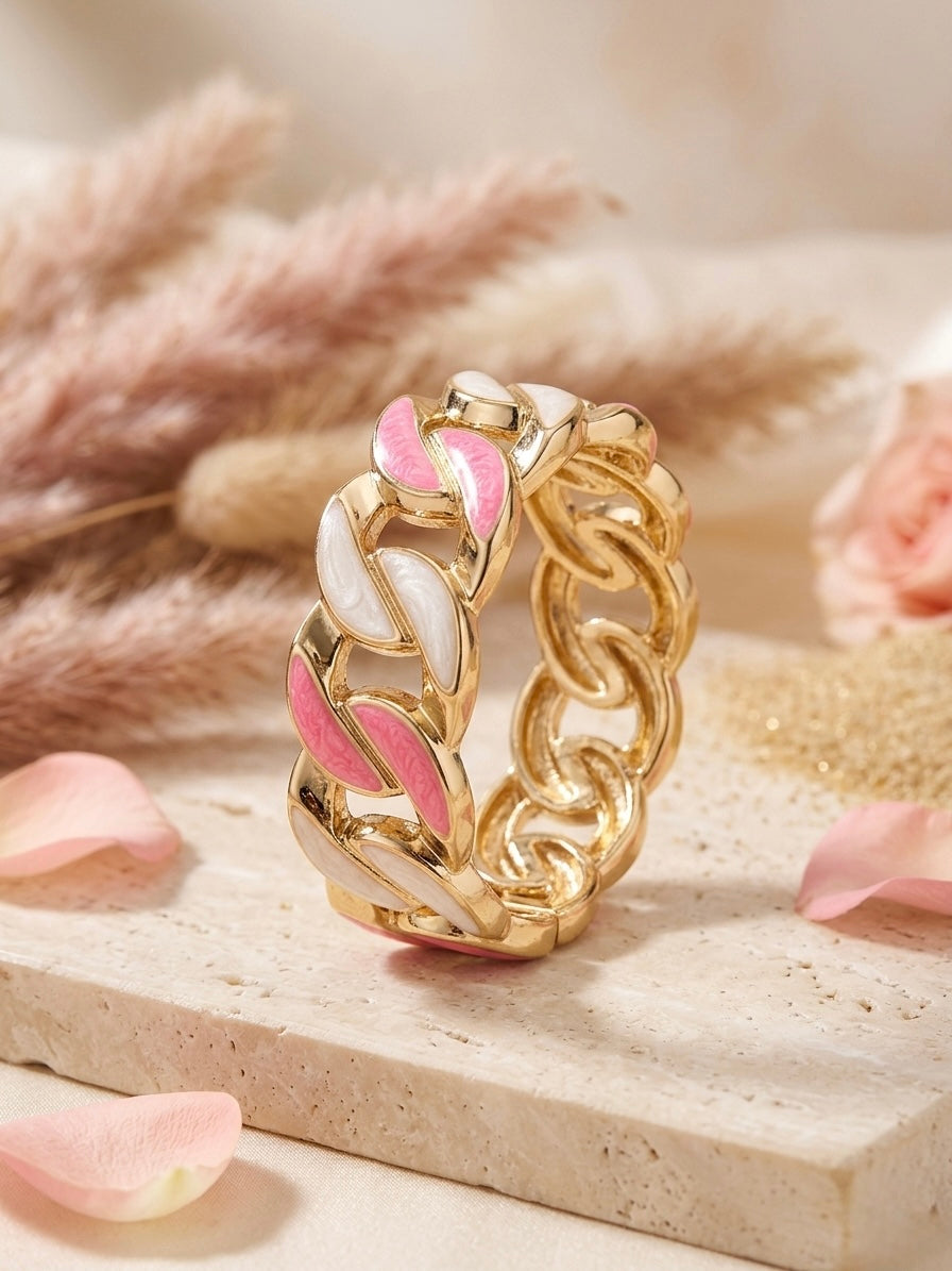 Gold pink white enamel link bracelet.