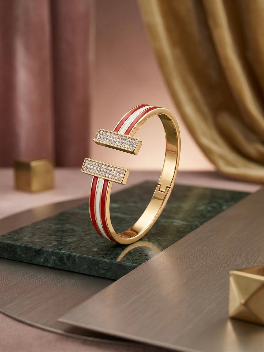 Gold enamel T-bar crystal open bracelet.