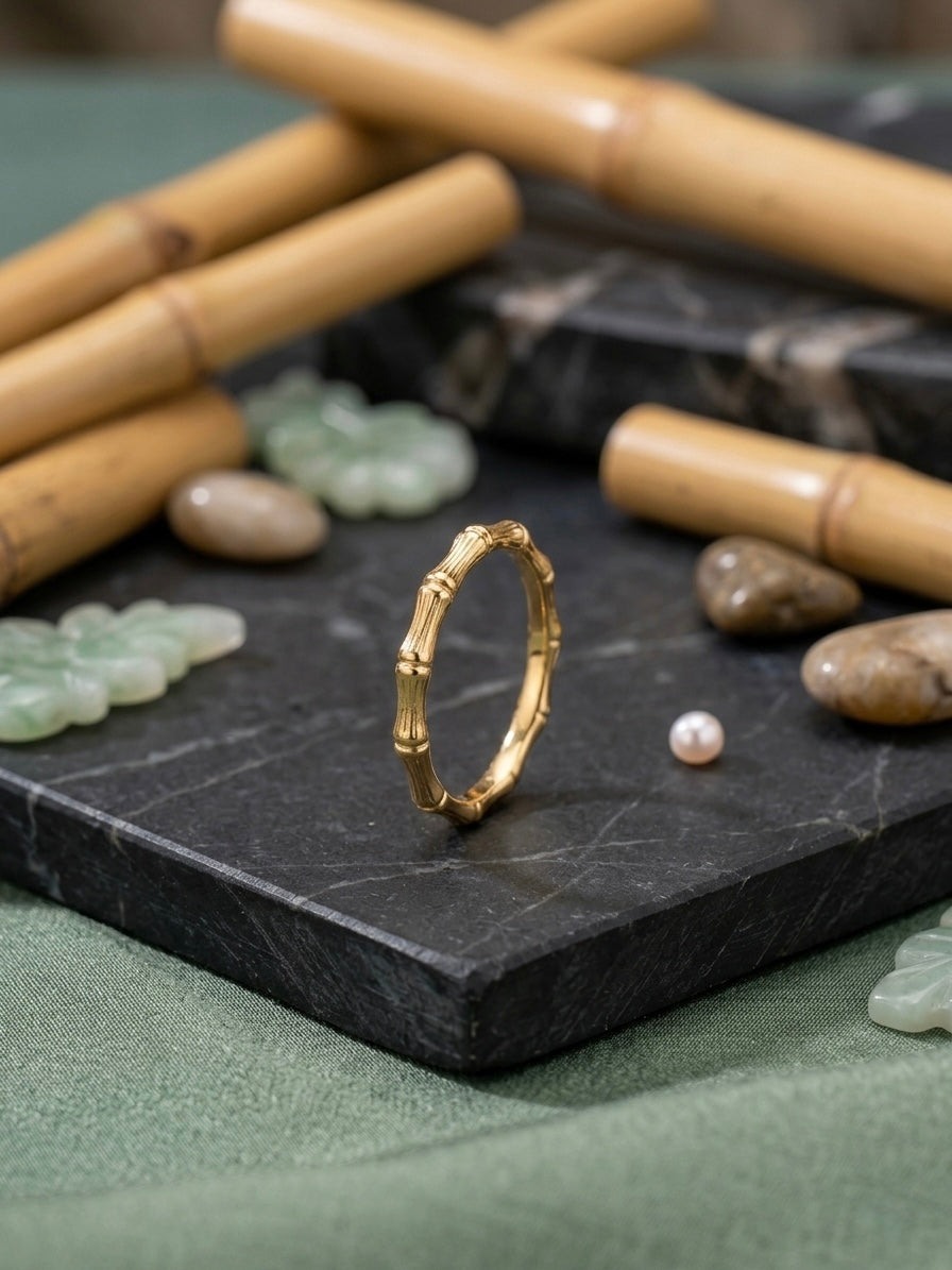 Elegant gold bamboo-inspired stackable ring.