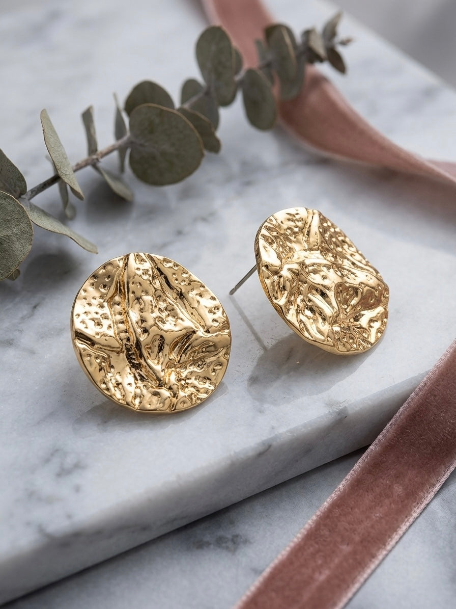 Elegant molten-surface anti-tarnish gold earrings.