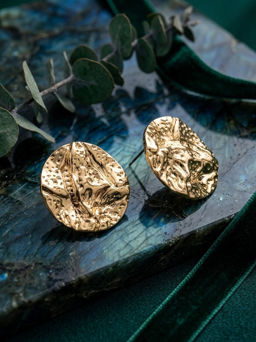 Elegant molten-surface anti-tarnish gold earrings.