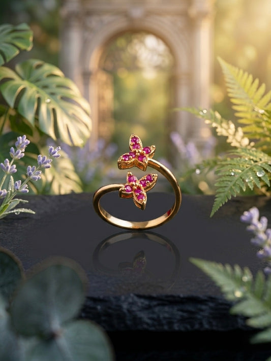 Charming gold bypass ruby flower ring.