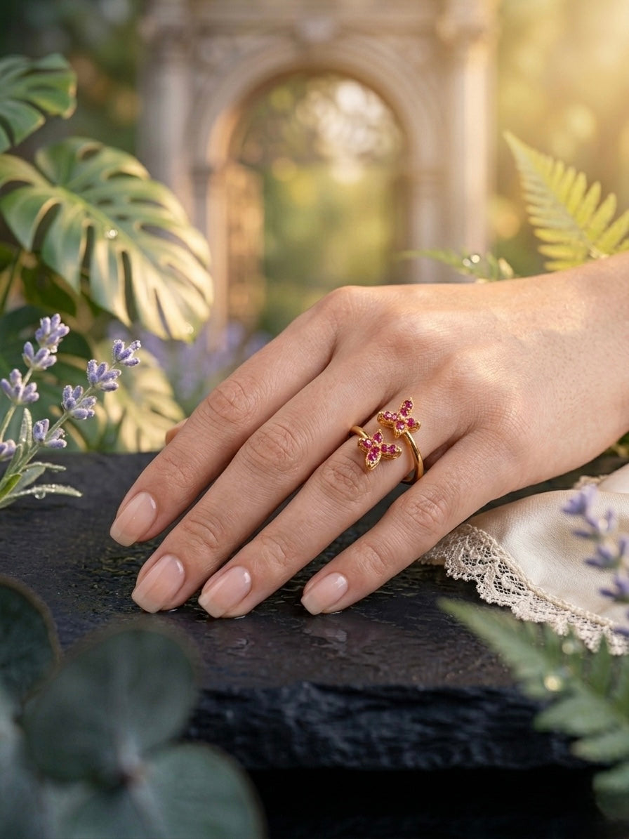 Charming gold bypass ruby flower ring.