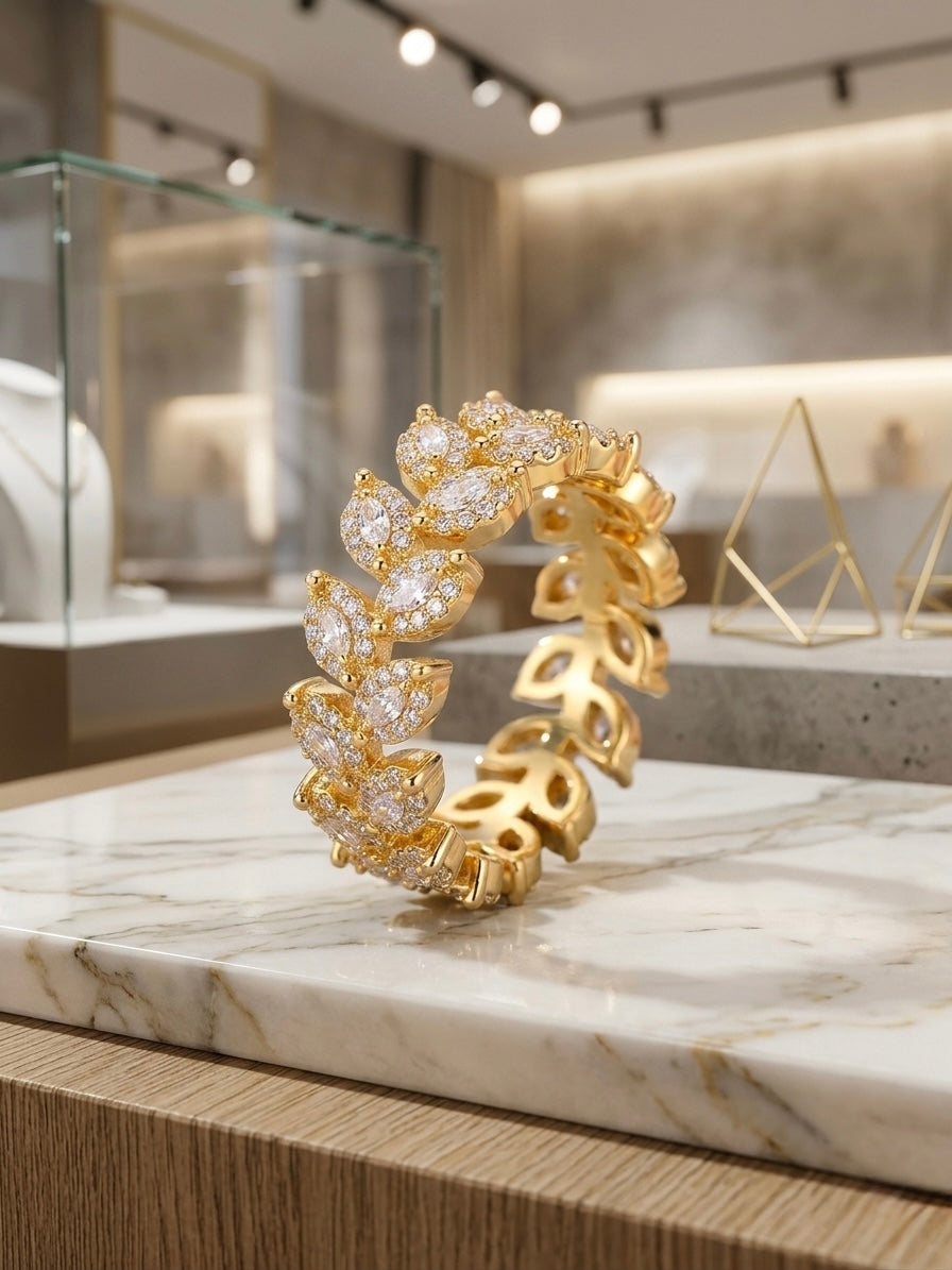 Gorgeous gold diamond leaf eternity ring.