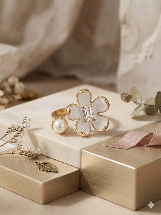 Charming gold enamel flower pearl ring.